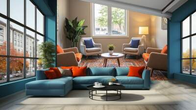 Modern living room with four chairs, an area rug, a coffee table, and two paintings Wall mural