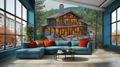 Rustic Wooden Cabin with Large Deck and Mountain View Wall mural