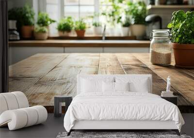 Rustic Wooden Tabletop with Blurry Kitchen Background Wall mural