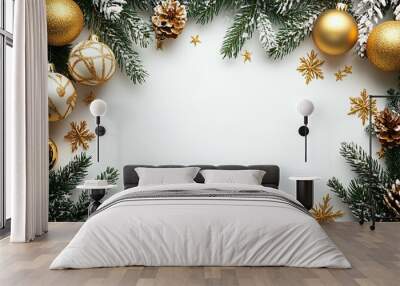 Snowy Evergreen Branches with Golden Ornaments and Pine Cones on a White Background Wall mural