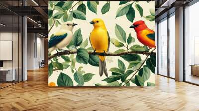 Three Birds Perched on a Branch Amidst Lush Green Foliage Wall mural