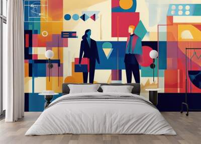 Two Business Professionals Standing in a Geometric Abstract Background Wall mural