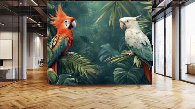 Two Parrots Perched Among Lush Tropical Foliage Wall mural