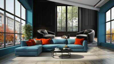 Two Plush Armchairs Facing a Marble Coffee Table in a Dark Interior with a Window View of Trees Wall mural