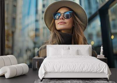 Woman in a Hat and Sunglasses Looking Up in a City Wall mural