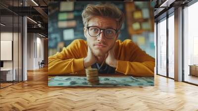 Young Man in Yellow Sweater Resting His Chin on His Hands, Surrounded by Money Wall mural