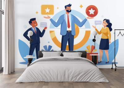 360 degree feedback, assessment or performance appraisal, customer review, testimonial or job networking, employee evaluation, rating or survey concept, businessman get feedback from colleagues.
 Wall mural