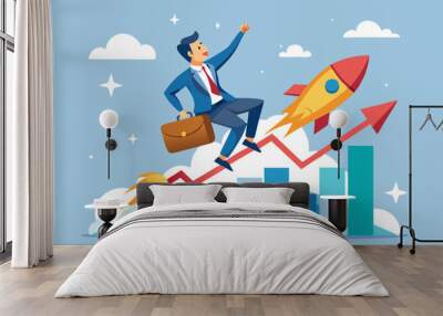 Business growth, investment profit increase, growing fast or improvement sales and revenue, progress or development concept, businessman riding rocket on growth bar graph or rising up revenue chart. 
 Wall mural