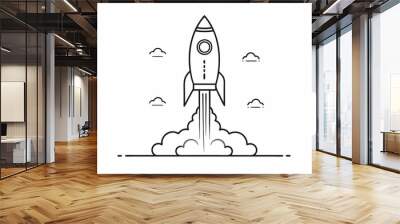 continuous single line drawing of rocket spaceship takeoff, rocket launch line art vector illustration
 Wall mural