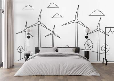 continuous single line drawing of wind farm, renewable energy wind turbines line art vector illustration
 Wall mural