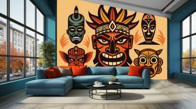 Ethnic masks. Tiki totem, voodoo african tribal head. Zulu traditional god, hawaiian indigenous vintage tattoo ritual polynesian face black vector set
 Wall mural