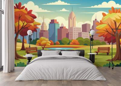 Landscape of a city park on a sunny summer or autumn day against the backdrop of the buildings of a big city
 Wall mural