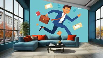 Late, hurry to go to work, rushing or running fast before deadline, speed or busy job, pressure or challenge to finish work in time, urgency concept, frustrated businessman hurry running to work late. Wall mural