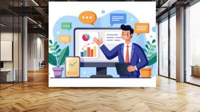 Online presentation webinar, conference or online seminar, consultation or data analyzing meeting, business discussion, financial expertise concept, businessman on computer screen presenting data.
 Wall mural