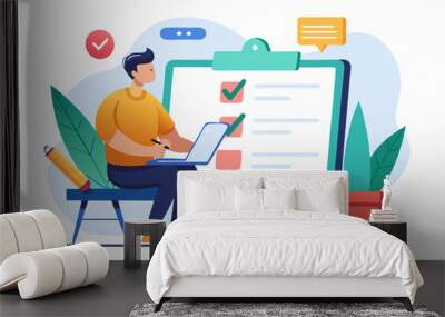 Online questionnaire survey, customer feedback choice or checklist, internet exam, opinion or comment, answer question, surveyor poll concept, man with pencil finish online questionnaire on computer.
 Wall mural