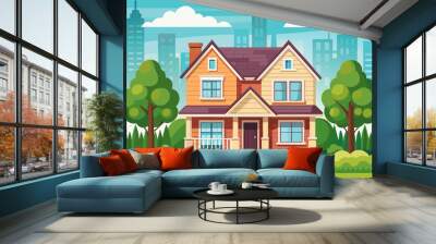 Residential two story cozy house. The property. Facade of a country building with a lawn and trees against the backdrop of the city. Cottage rent.
 Wall mural