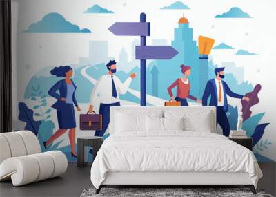 Right direction to success, strategy or plan to go in correct path, challenge or leadership to guide career path, new opportunity concept, business people walk to the right direction with signpost
 Wall mural