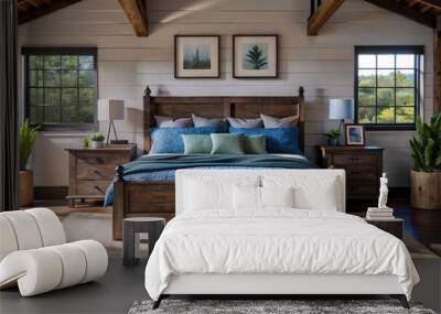 Rustic wooden bed with blue pillows and two bedside cabinets against white wall with three posters frames. Farmhouse interior design of modern bedroom
 Wall mural