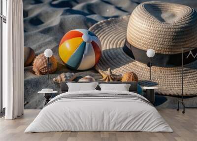 Set of Summer accessories elements for holiday vacation isolated on background, Beach items for swimming and relax, beach ball, seashell, hat and other Wall mural