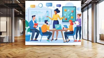 Workshop or business discussion, meeting or brainstorm new idea, training course class, Q and A, question and answer chat, business people in workshop meeting room with whiteboard and sticky notes. 
 Wall mural