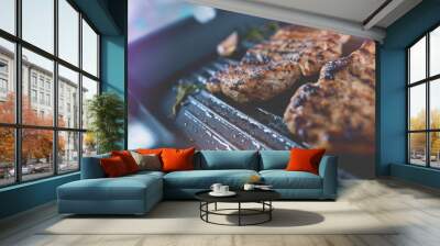 Two Grilled Steaks On a Grill Pan. Top View. Wall mural