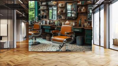 A barbershop with two chairs and a mirror Wall mural