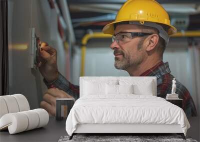 A man in a yellow hard hat is fixing a light switch Wall mural