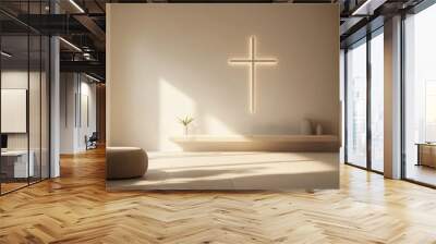 A minimalist cross design with soft lighting, creating a serene and reflective mood. Wall mural