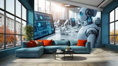 A modern workspace filled with AI-driven technology, where chatbots assist in decision-making, and businessmen use advanced AI tools for seamless data analysis and improved productivity Wall mural