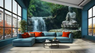 A serene religious sculpture in a natural setting, symbolizing peace and spirituality. Wall mural