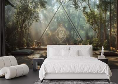 A tranquil space where mystic rituals are performed, surrounded by nature and sacred geometry, Wall mural