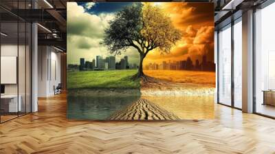 A tree is shown in two different seasons, one with a city in the background Wall mural