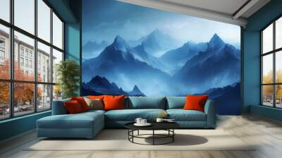 Blue landscape with misty mountains, mysterious atmosphere, Wall mural