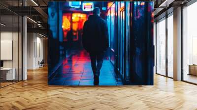 Blue street photography at night, neon lights and shadows, Wall mural