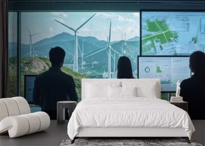 China top wind energy companies collaborating in an ultra-modern office setting, surrounded by models of turbines and digital blueprints, with a panoramic view of wind farms. Wall mural