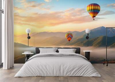 Hot air balloon above high mountain at sunset, filtered background Wall mural