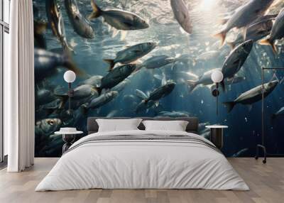 lot of small fish in the sea under water / fish colony, fishing, ocean wildlife scene Wall mural