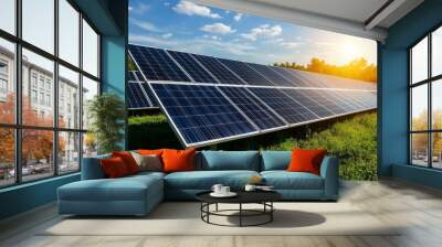 Solar panels absorbing sunlight in a green landscape, Wall mural