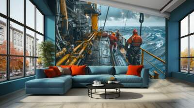 Three men in orange safety gear are working on a ship in the middle of a storm Wall mural