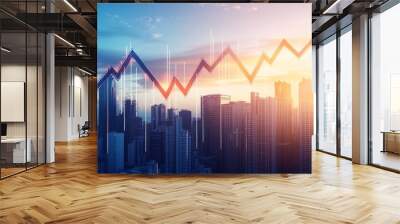 A city skyline at sunset with a stylized upward trend graph overlay, symbolizing growth and progress in business or finance. Wall mural