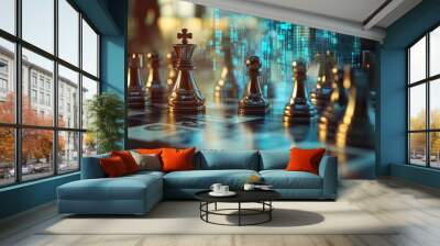 A close-up view of metallic chess pieces on a board, with a digital overlay suggesting a fusion of traditional strategy and modern technology. Wall mural