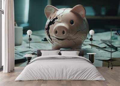 A cracked piggy bank sits on a cluttered desk surrounded by papers, symbolizing financial struggles and the need for savings. Wall mural