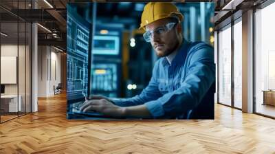 A focused technician in a hard hat works on a computer in a data center, surrounded by technical equipment and illuminated screens. Wall mural