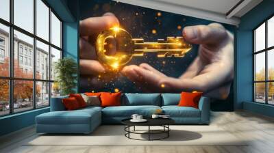 A glowing digital key is held between two hands, symbolizing unlocking potential or access to information in a futuristic context. Wall mural