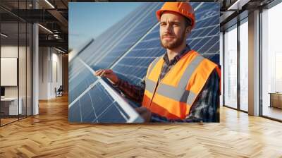 A man in safety gear stands beside solar panels, promoting renewable energy and sustainability in a clear sky environment. Wall mural