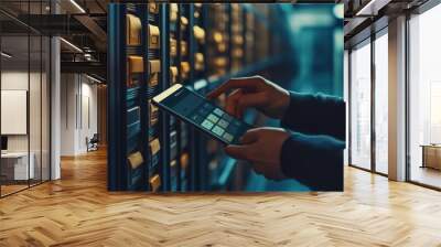 A person interacts with a mobile device, surrounded by storage units, suggesting data management or information retrieval in a digital environment. Wall mural