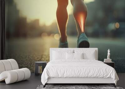 A person runs along a street at sunset, highlighting motion and athleticism with a focus on their leg and footwear. Wall mural