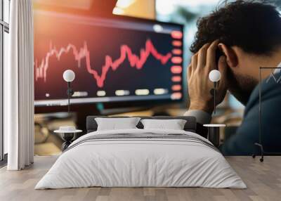 A stressed person examining a falling stock market on a computer screen, signifying financial anxiety and uncertainty. Wall mural