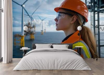 A woman in an orange safety suit and hard hat, observing offshore wind turbines and oil rigs in a coastal setting. Wall mural