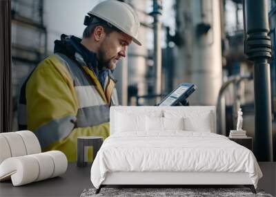 A worker using a portable diagnostic machine to check the health of industrial equipment on-site. Wall mural